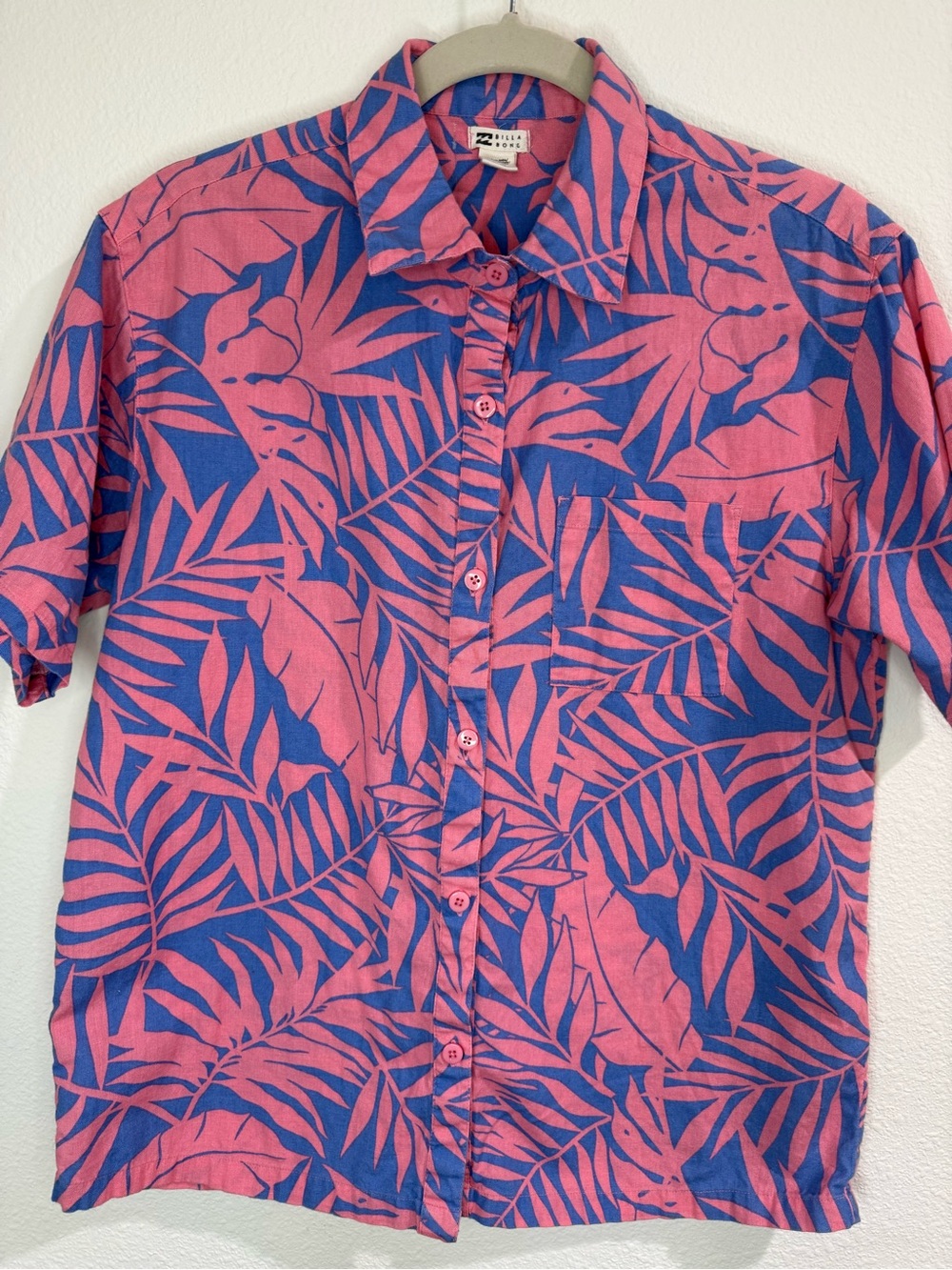 Billabong Pink and Blue Tropical Print Button-Up Shirt woman’s small linen blend